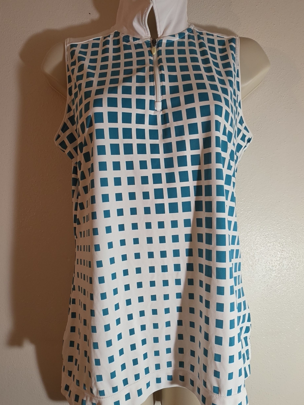 Slazenger White & Teal Grid Sleeveless Zip-Front Mock Neck Tank